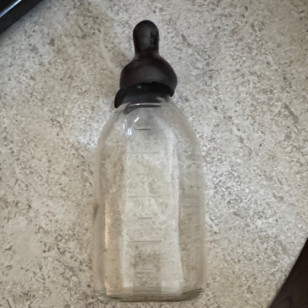 Vintage Brockway Clear Glass Baby Bottle with Black Rubber Nipple